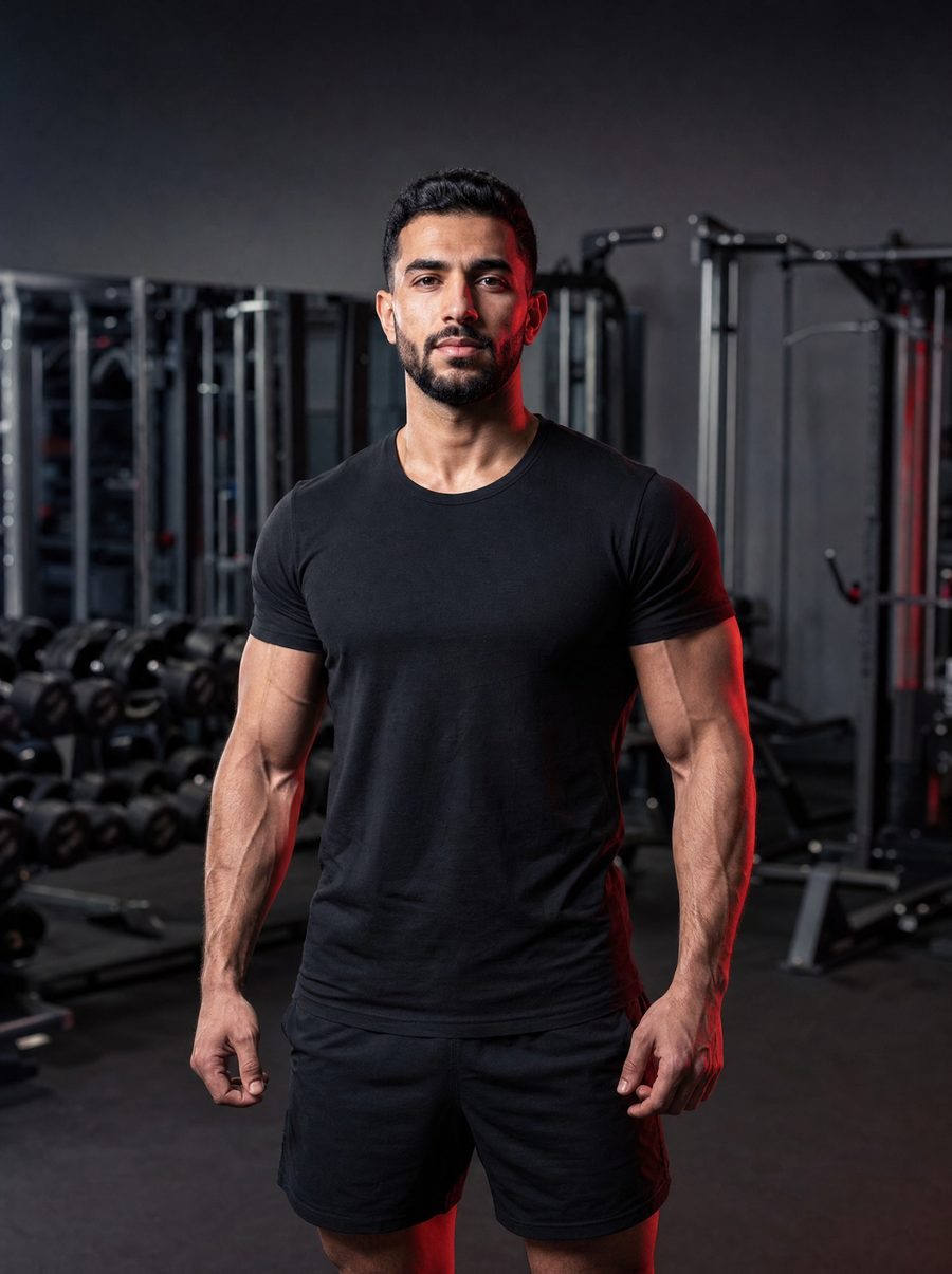 MG CREW Jabbar in a plain black tee on the gym floor