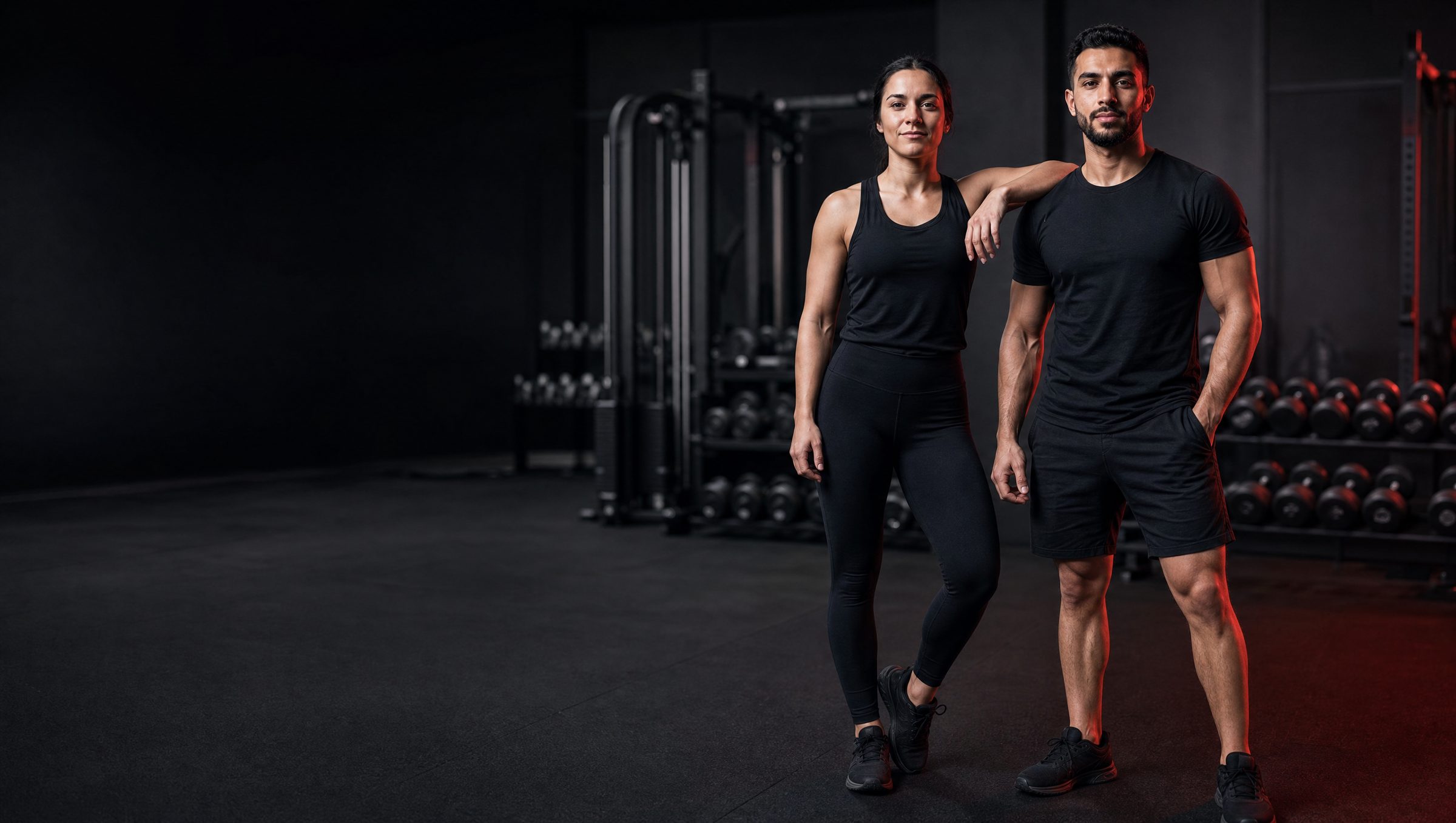 MG CREW Sara and Jabbar on the gym floor in plain black training wear