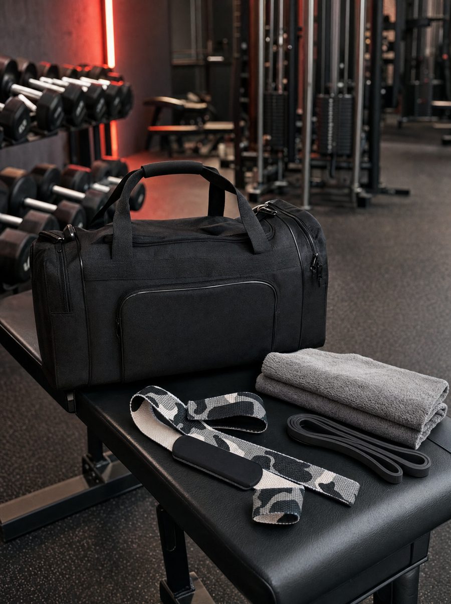 A black gym duffel bag and lifting straps on a gym bench