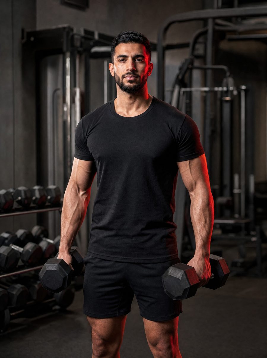 MG CREW Jabbar in a plain black tee and shorts on the gym floor