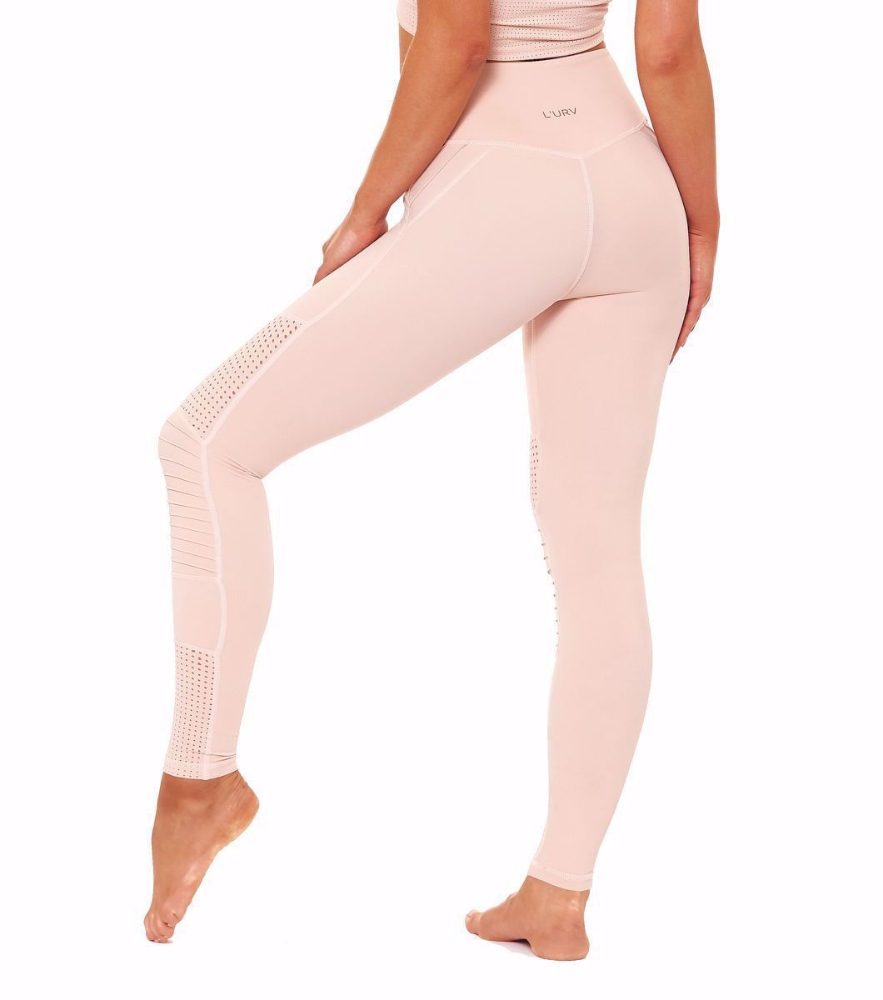 L'urv Race Ready Moto Leggings in blush – high-fashion activewear with perforated panels and rose gold logo