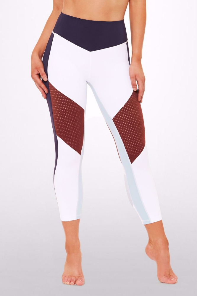 L'urv Perfect Landing Leggings in white & burgundy – high-waisted yoga pants with rose gold logo