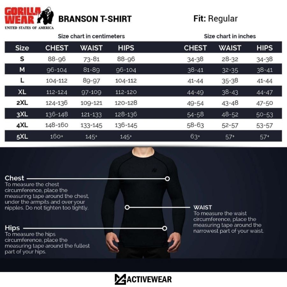 Gorilla Wear Branson T-Shirt size chart