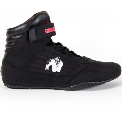 Gorilla Wear High Top Bodybuilding Shoes in black – flat sole weightlifting shoes with ankle support for squats and deadlifts.