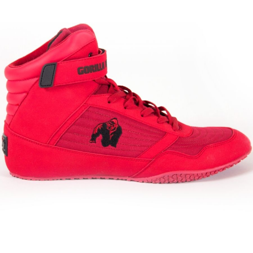 Gorilla Wear High Top Bodybuilding Shoes - Red - Flat Sole Weightlifting Shoes for Powerlifters & Gym Athletes in UAE