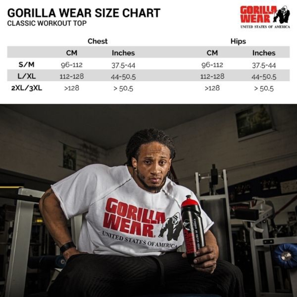 Muscular athlete wearing grey Gorilla Wear rag top showcasing shoulder freedom during workout