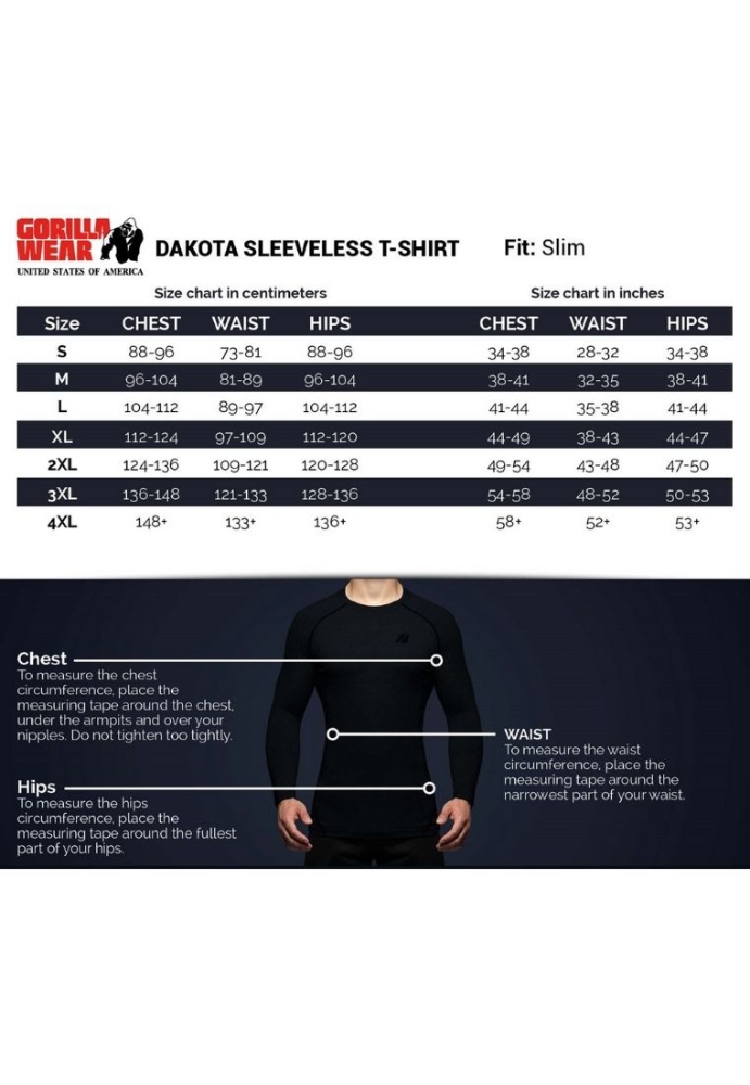 Gorilla Wear Dakota Bodybuilding Tank Top size chart