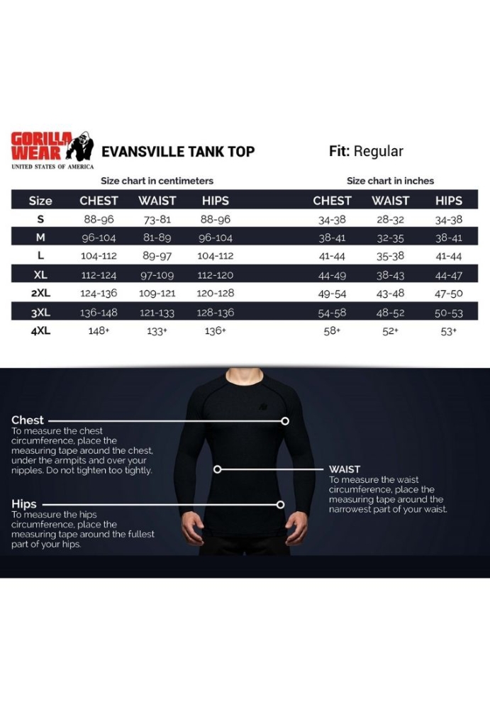 Gorilla Wear Evansville Bodybuilding Stringer size chart