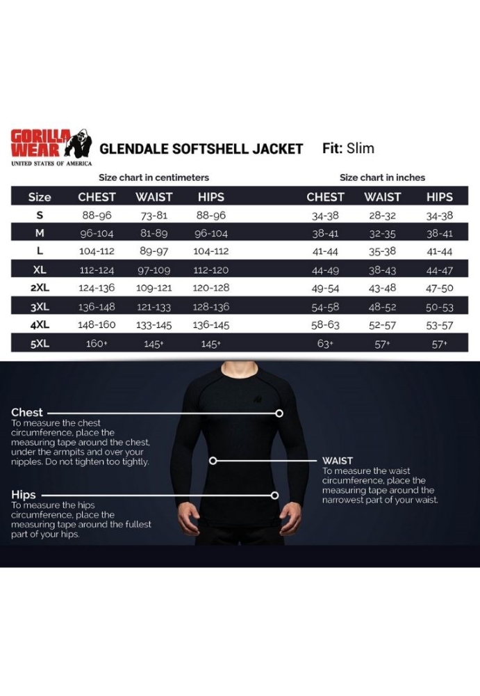Gorilla Wear Glendale Softshell Jacket size chart