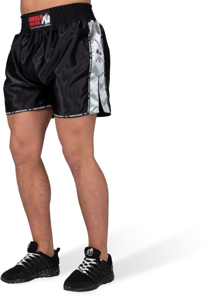 Gorilla Wear Henderson Black/Gray Muay Thai Shorts – Stretchable Polyester Kickboxing & MMA Fight Shorts with Elastic Waistband
