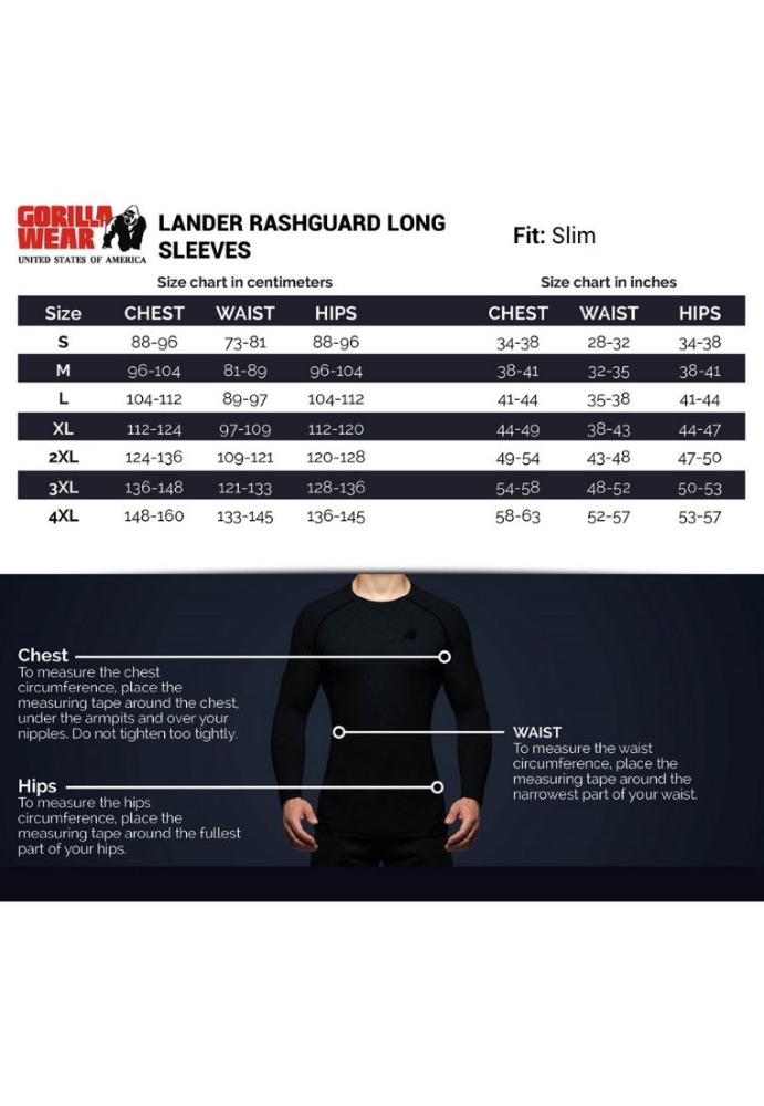 Gorilla Wear Lander Rashguard size chart