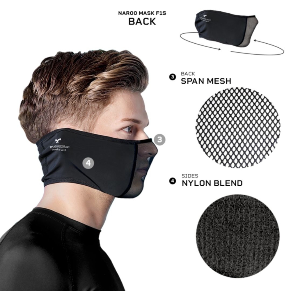 Side view of NAROO cooling sport mask showing breathable mesh and adjustable ear loops