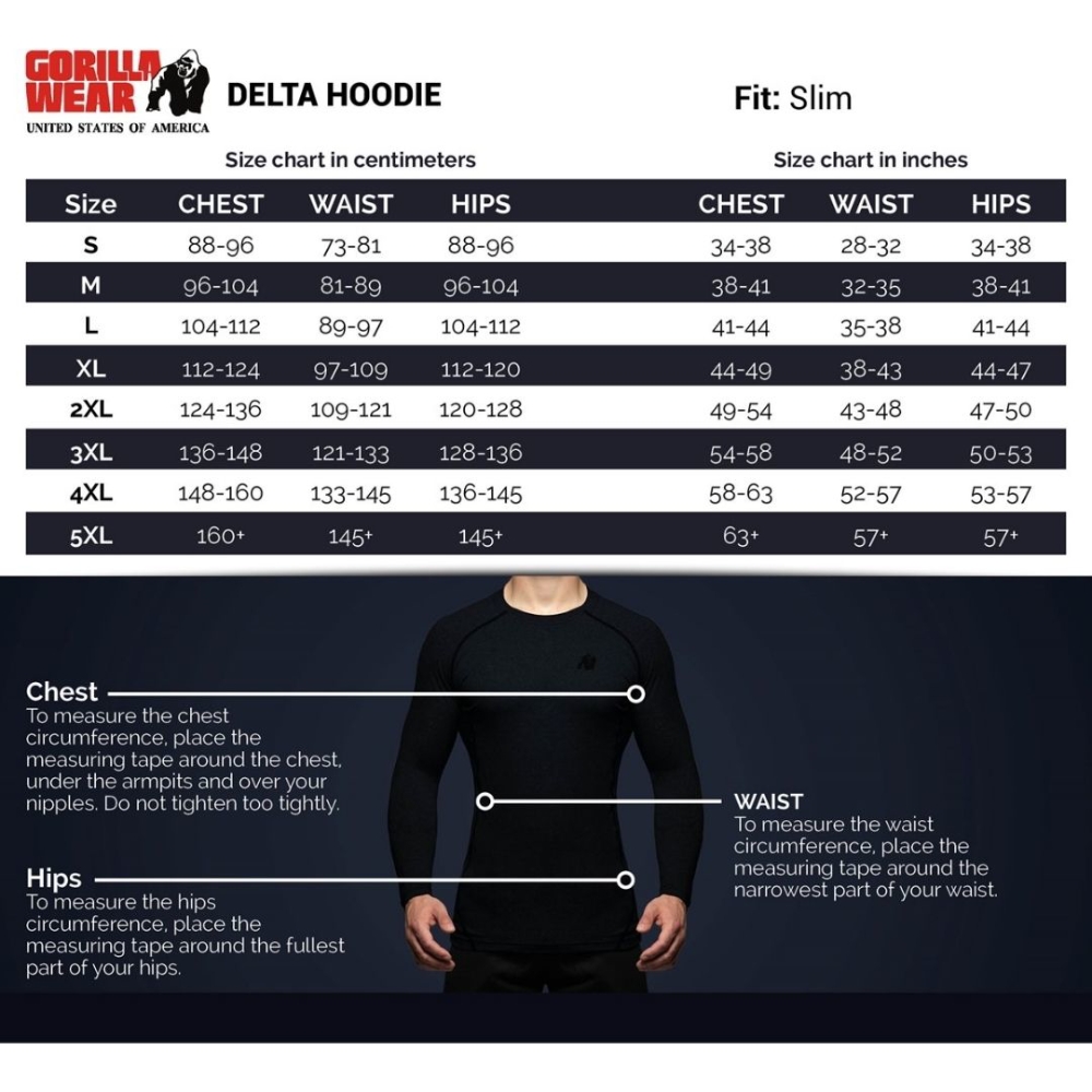 Gorilla Wear Delta Hoodie size chart