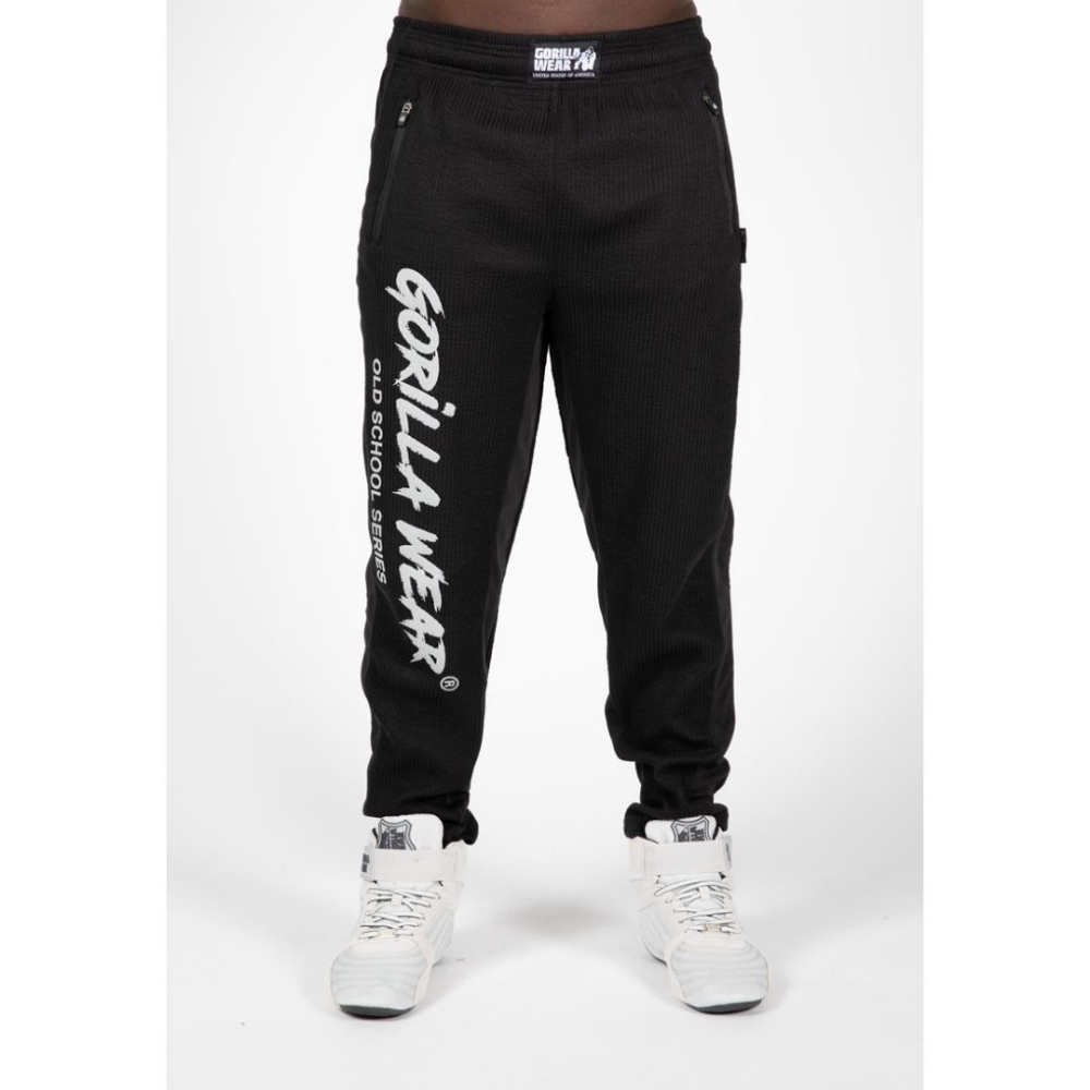 Gorilla Wear Augustine Bodybuilding Pants in black - loose fit vintage gym pants with zipped pockets (Sizes S-3XL)