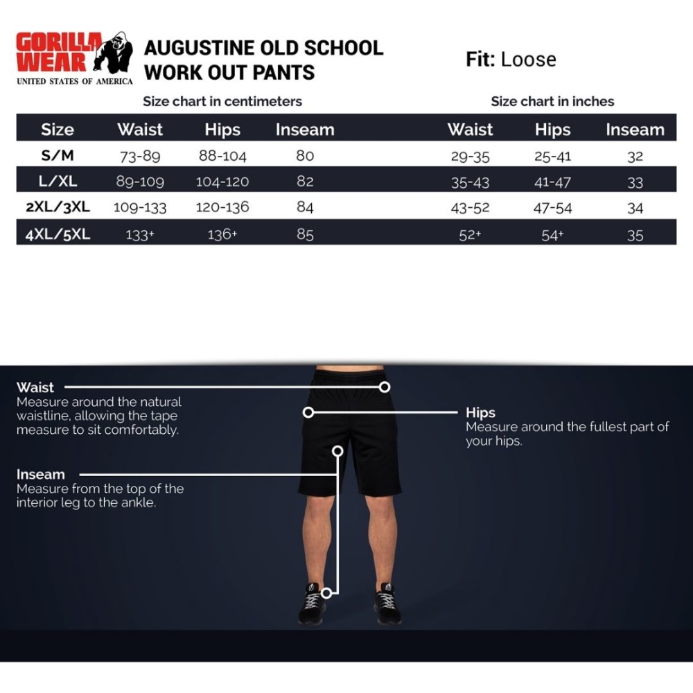 orilla Wear black Augustine Pants size chart (S-3XL) for powerlifters