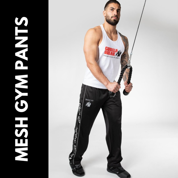 Picture of Gorilla Wear Functional Mesh Pants | Black White - Men Quick Dry Bodybuilding Pant with Straight Fit and Zipped Pockets.