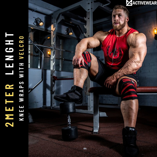 Bodybuilder wearing compression knee wraps to help strengthen joints on squats. 