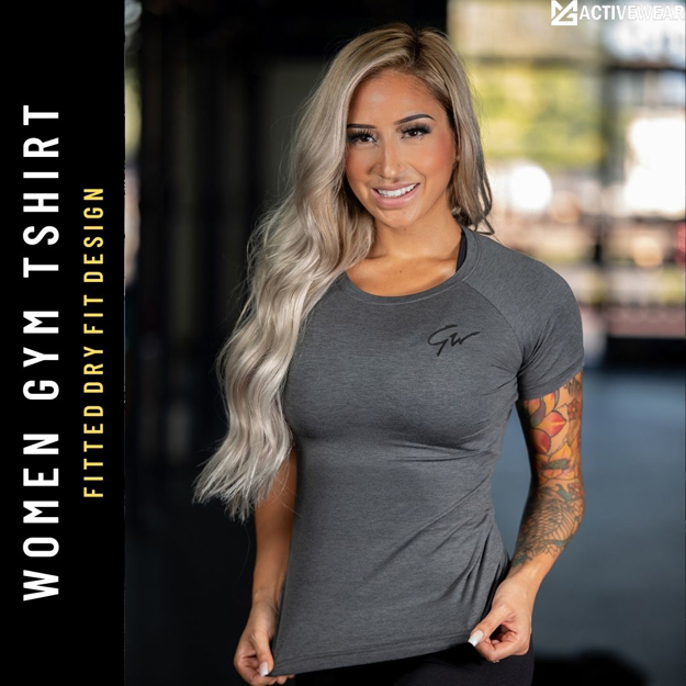Women Gym T shirt with close fit design and moisture wicking fabric.