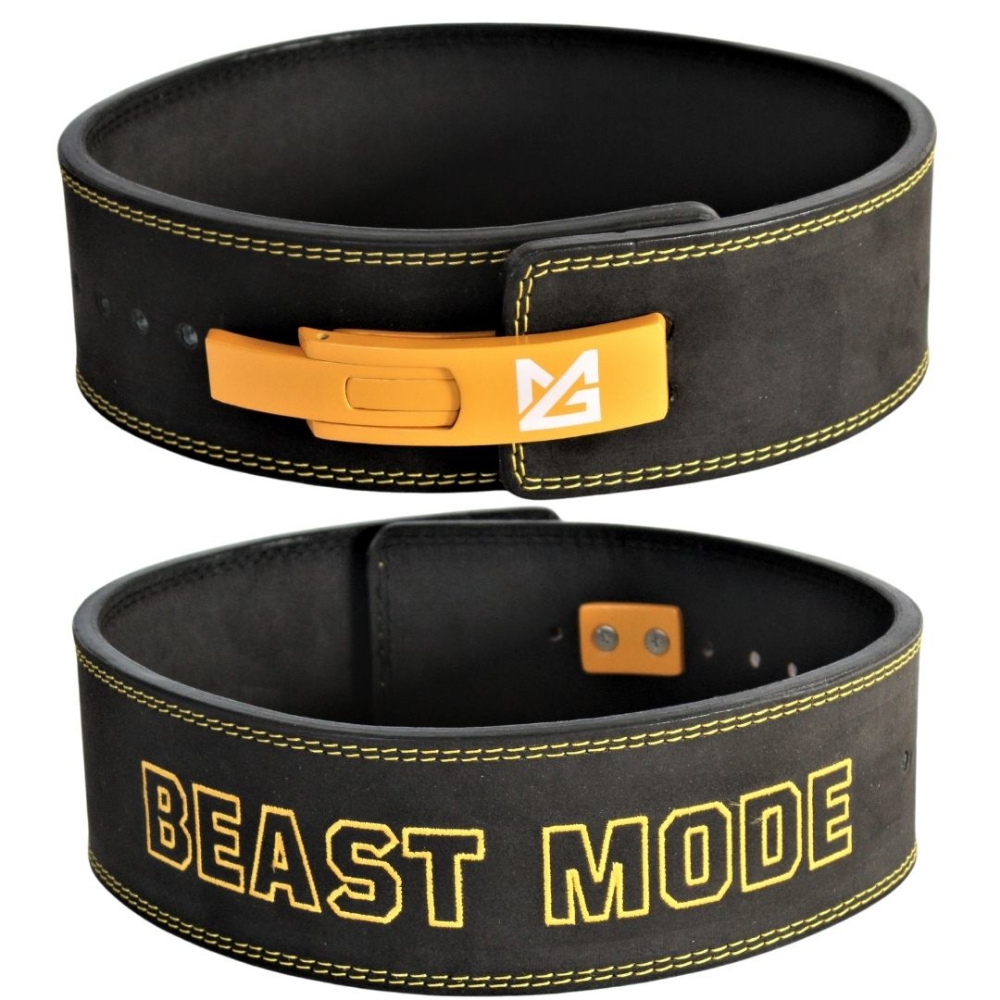 Might&Glory Beast Mode 10mm lever belt - black with yellow buckle & embroidery