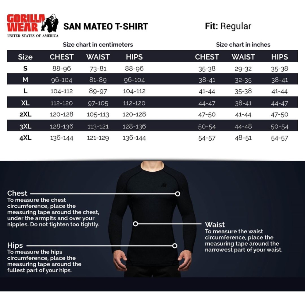 Gorilla Wear San Mateo Gym T-Shirt size chart