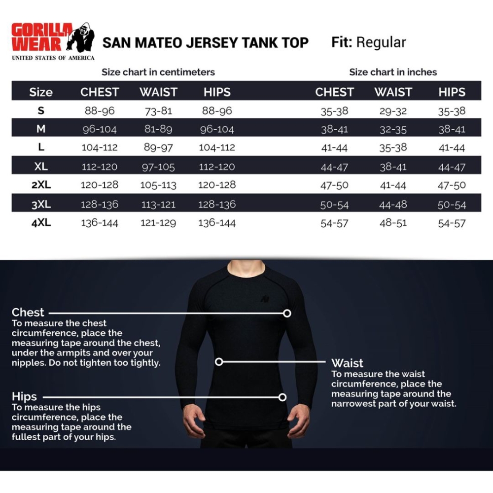 Gorilla Wear San Mateo Sports Tank Top size chart