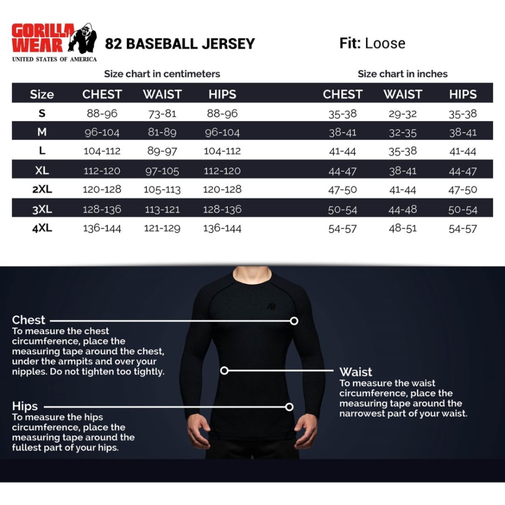 Gorilla Wear 82 Baseball Jersey size chart
