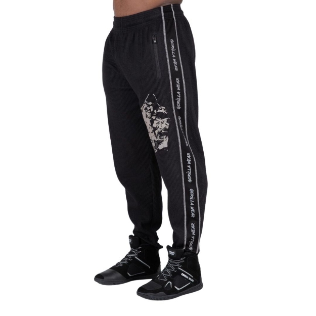 Black and Red Gorilla Wear Buffalo Old School Workout Pants with Elasticated Ribbed Cotton, Zipper Pockets, and Stylish Branding - Ideal Men's Gym Wear for Bodybuilders