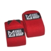 Elastic knee wraps in red and black colors by MG Activewear. Designed for bodybuilding and powerlifting, featuring solid compression, looped end for easy wear, and Velcro fastener with faux leather finish. Enhance your workout performance and reduce joint pains. Shop online for fitness support in the UAE at MG Activewear.
