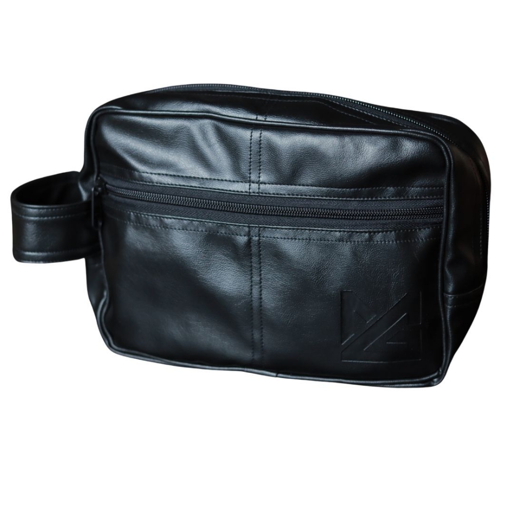 Might&Glory vegan leather toiletry bag - black compact travel organizer with multiple compartments for gym and travel essentials