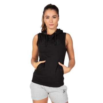 Gorilla Wear women's sleeveless hoodie gym top in black, featuring moisture-wicking fabric and bold branding for workouts