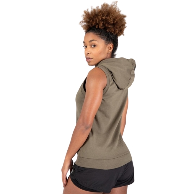 Close-up of adjustable hood on Selma sleeveless hoodie.