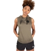 Army Green Gorilla Wear Selma sleeveless hoodie on a woman, adajustable hood for workouts.