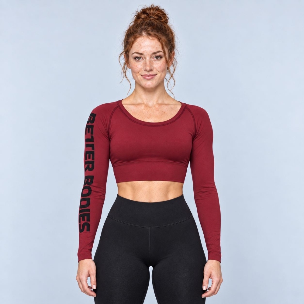 Picture of Better Bodies Bowery Performance Long Sleeve Crop Top | Sangria Red | Body Fit