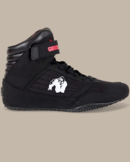 Gorilla Wear High Top Bodybuilding Shoes in black – flat sole weightlifting shoes with ankle support for squats and deadlifts.