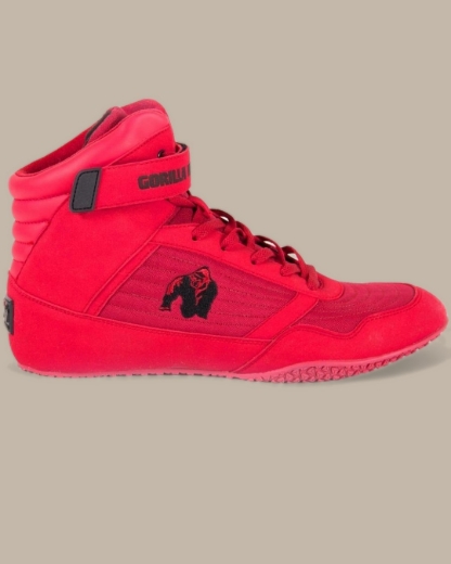 Gorilla Wear High Top Bodybuilding Shoes - Red - Flat Sole Weightlifting Shoes for Powerlifters & Gym Athletes in UAE