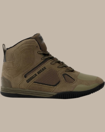 Gorilla Wear Troy High Top Bodybuilding Shoes – Army Green – Flat Sole Powerlifting & Gym Shoes for UAE Athletes