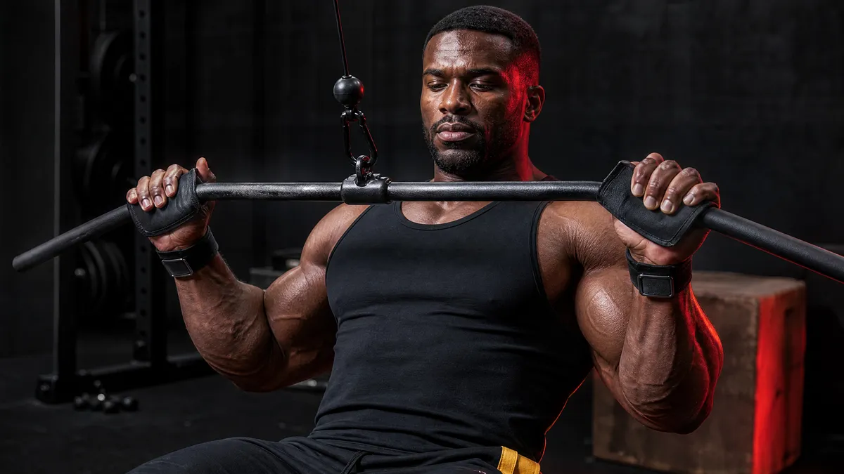 Might&Glory lifting grips on a lat pulldown handle