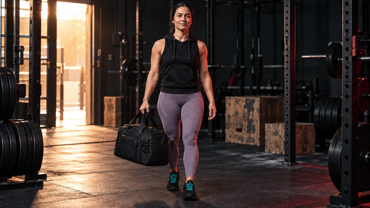 Sara arriving at the gym in a Gorilla Wear Selma sleeveless hoodie carrying the Might&Glory Boost duffel