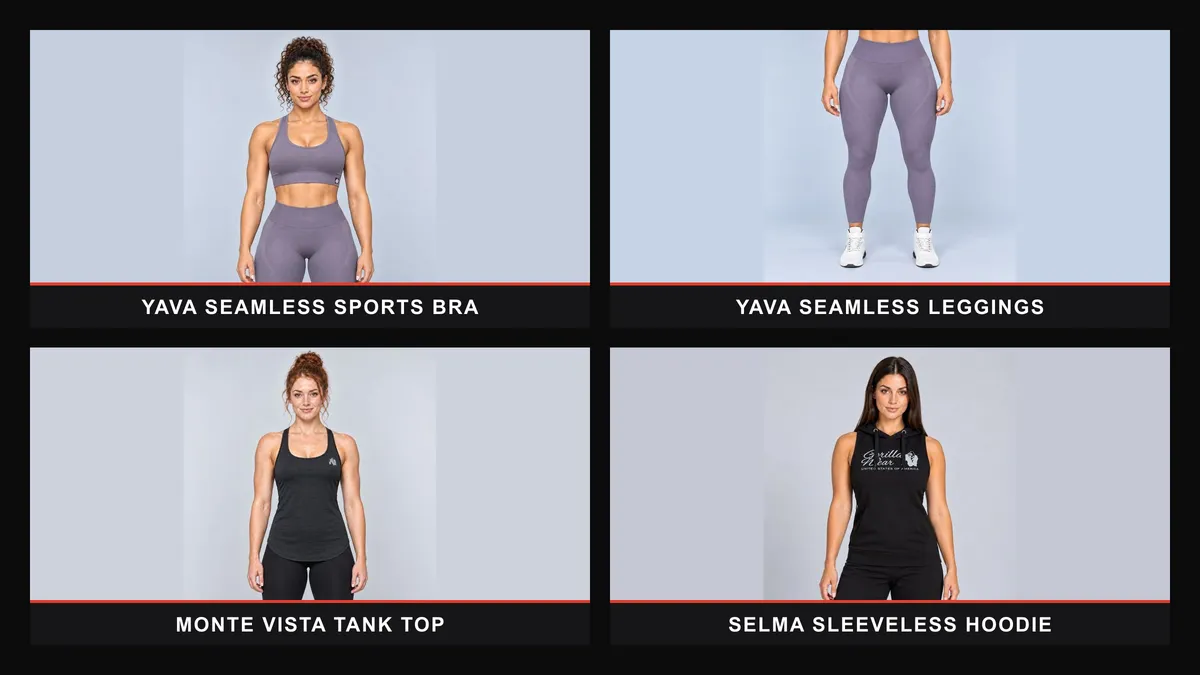 Gorilla Wear Yava sports bra and leggings, Monte Vista tank and Selma sleeveless hoodie