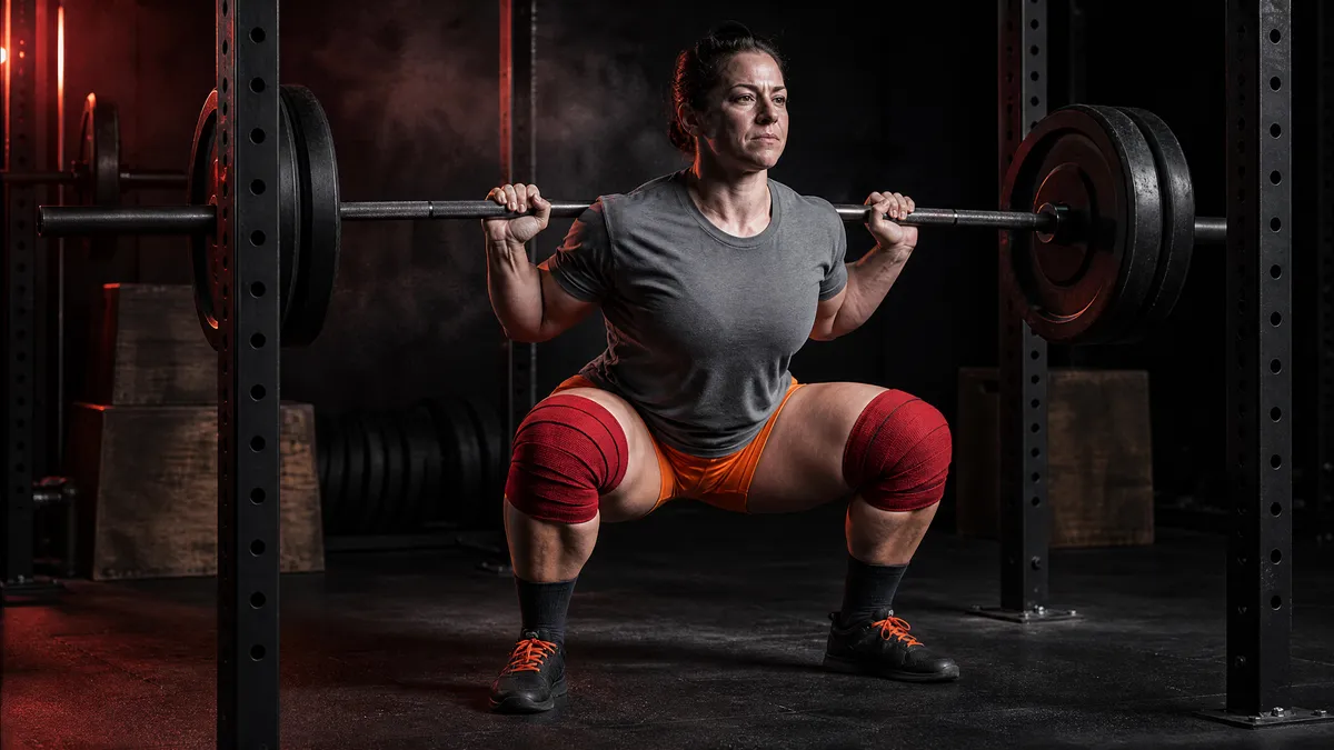 Bella at the bottom of a squat with both knees wrapped in red Might&Glory knee wraps