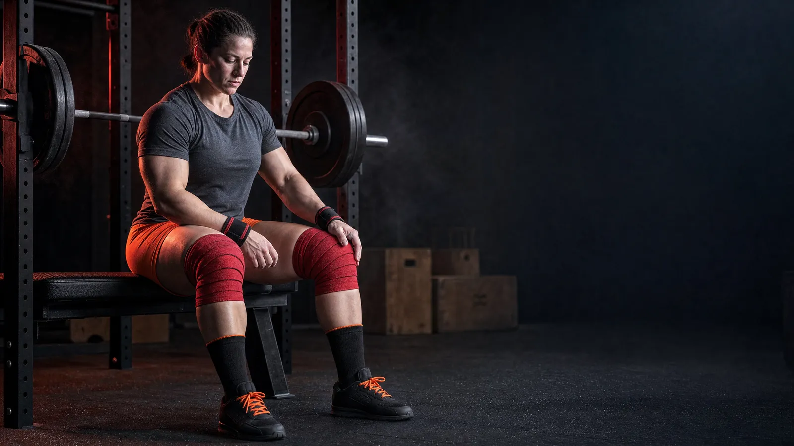 MG crew character Bella sitting on a bench with both knees wrapped in red Might&Glory knee wraps before a heavy squat